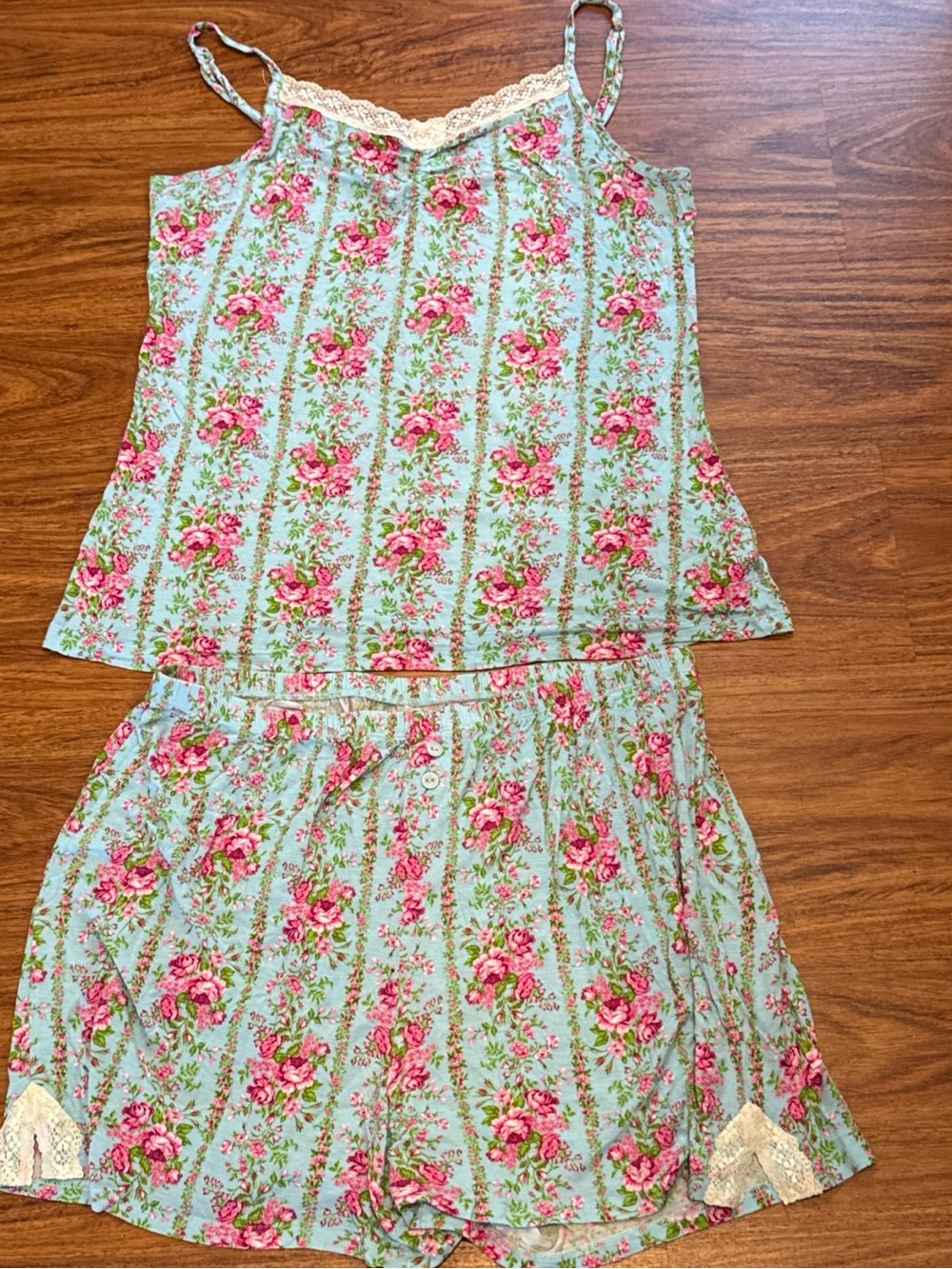 BETSEY JOHNSON Aqua Floral Pajama Set  Rose Strappy Lace  Short SZ Large
